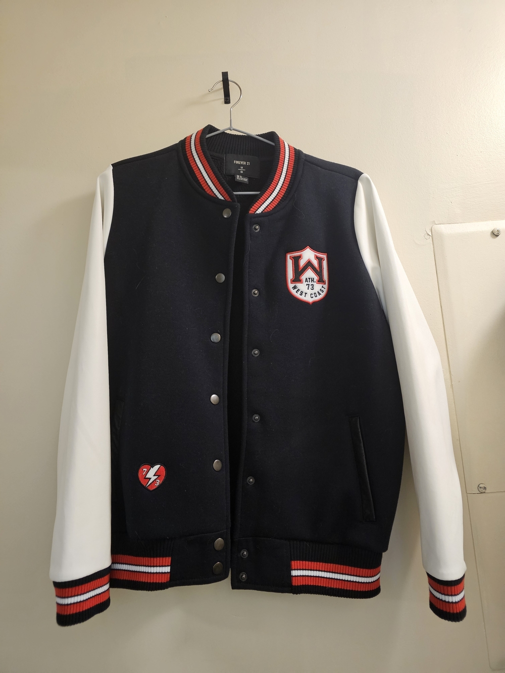 Forever 21 Navy Bomber Jacket with White Sleeves and Red Trim